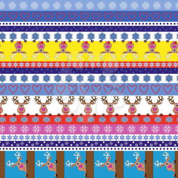 Christmas and New Year striped seamless vector pattern with cute reindeer and multicolour horizontal strips