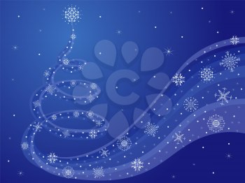 Happy New Year blue composition with swirl Christmas tree and snowflakes as New Year decorations, hand drawing vector illustration