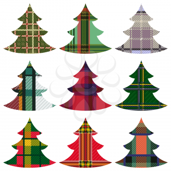 Set of nine Christmas Trees using the Celtic chequered ornament on a white background, hand drawing vector illustration