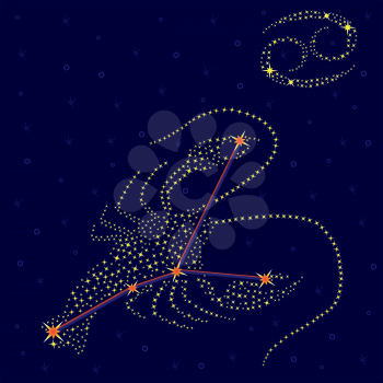 Zodiac sign Cancer on a background of the starry sky with the scheme of stars in the constellation, vector illustration