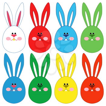 Eight stylized colorful Easter rabbit faces isolated on a white background, hand drawing vector illustration