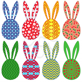 Eight stylized ornamental colorful Easter rabbit heads isolated on a white background, hand drawing vector illustration