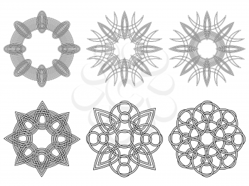 Set of six abstract vector ornamental black circular stencils on a white background