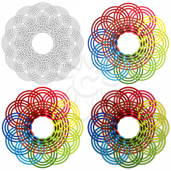 Four abstract vector circular colorful shapes as a wicker patterns with different details in performance