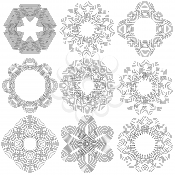 Set of nine abstract vector ornamental black circular stencils on a white background