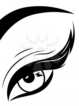 Eye with fluffy eyelid close-up, black and white hand drawing vector illustration