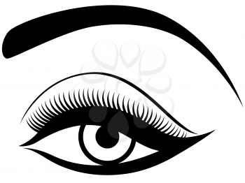 Eye with fluffy eyelid, black and white hand drawing vector illustration