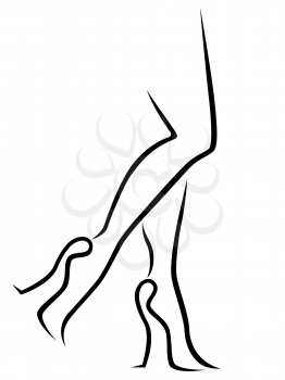 Abstract outline of graceful female legs in stylish footwear, black over white vector sketching artwork