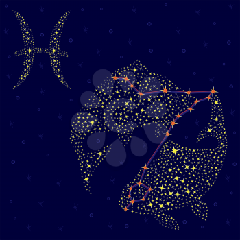Zodiac sign Pisces on a background of the starry sky with the scheme of stars in the constellation, vector illustration