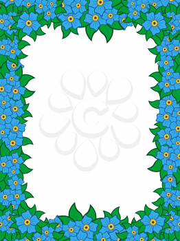 Frame with blue flowers around white background, hand drawing vector illustration
