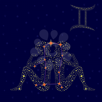Zodiac sign Gemini on a background of the starry sky with the scheme of stars in the constellation, vector illustration
