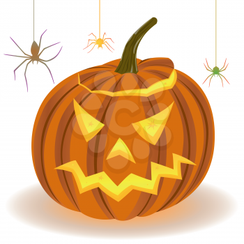 Smiling Halloween pumpkin and spiders hanging on the web, hand drawing vector illustration