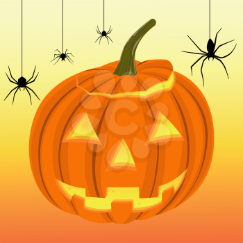 Smiling Halloween pumpkin and black spiders hanging on the web, hand drawing vector illustration