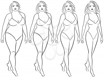 Four stages of a woman on the way to lose weight, black vector contour isolated on white background