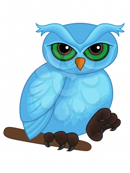 Cute cartoon blue owl sitting on a branch isolated on white background, hand drawing vector artwork