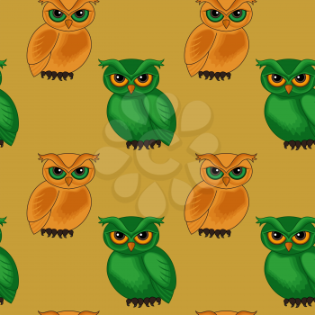 Seamless vector pattern with sympathetic green and orange cartoon owls on the brown background