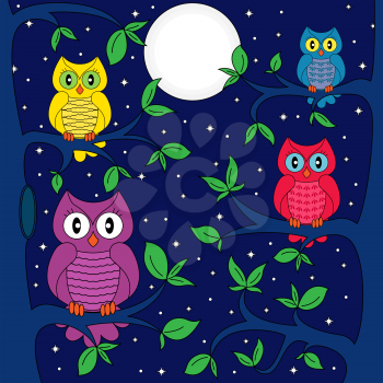 Owls sitting on a tree in a moonlight night, hand drawing cartoon vector illustration