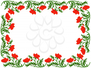 Greeting card with placed around the perimeter a floral ornament with red poppies, hand drawing vector illustration