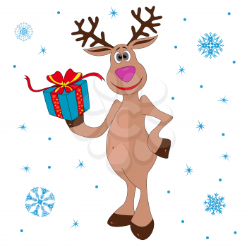 Christmas Reindeer holding a gift, hand drawing cartoon vector illustration