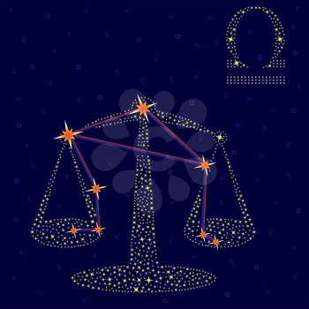 Zodiac sign Libra on a background of the starry sky with the scheme of stars in the constellation, vector illustration