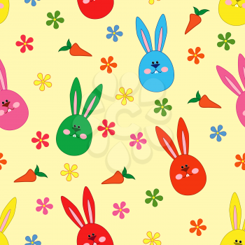 Easter seamless vector pattern with small rabbit faces, and carrots over yellow