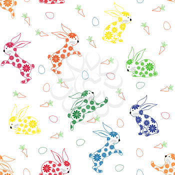 Seamless vector pattern with ornamental colorful Easter rabbits on a white background