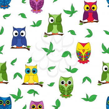 Owl seamless pattern, hand drawing cartoon vector illustration