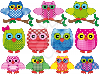 Set of eleven ornamental cartoon vector owls with various characters isolated on white background