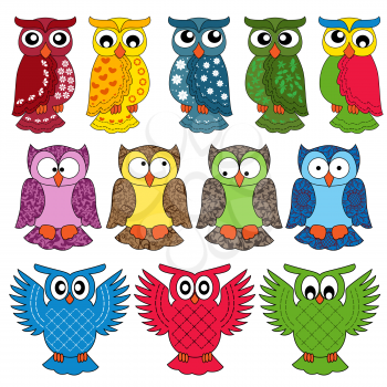 Set of eleven colourful vector owls isolated on white background