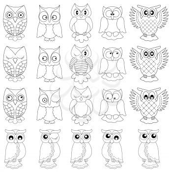 Set of twenty funny owls, black vector contour isolated on white background