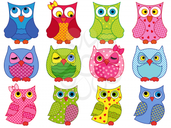 Set of twelve colourful cartoon vector owls with various characters isolated on white background