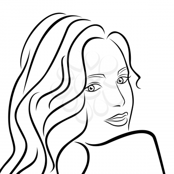 Abstract outline female half turn portrait, black over white hand drawing vector artwork