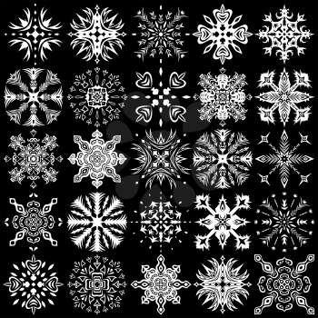 Set of twenty five ornamental white snowflakes over black, hand drawing vector design elements