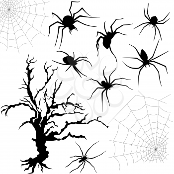 Halloween silhouette set of spiders, spider nettings and old dried tree isolated on white background, hand drawing vector illustration
