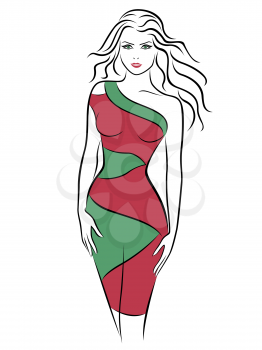 Beautiful young woman in a slinky two-tone dress, hand drawing vector outline