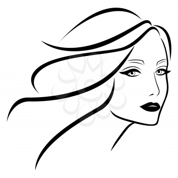 Abstract beautiful young lady with wavy hair, hand drawing vector outline