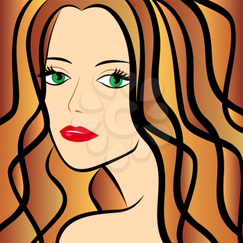 Abstract female half turn portrait with chestnut hair, colorful hand drawing vector artwork