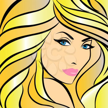 Abstract female half turn portrait with bright yellow hair, colorful hand drawing vector artwork