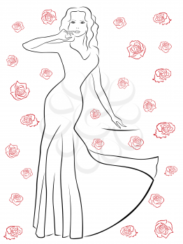 Stylish black contour of a nice woman in a long dress among red roses isolated on a white background, vector illustration