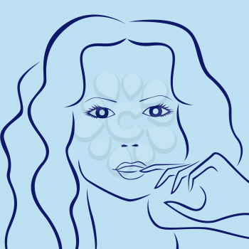 Female laconic characters head outline in blue hues, hand drawing vector simple illustration