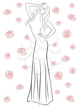 Stylish black contour of a beautiful woman in a long gown among red roses isolated on a white background, vector illustration