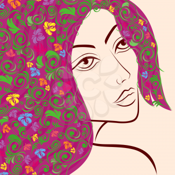 Beautiful women head with colourful floral hair, hand drawing vector illustration