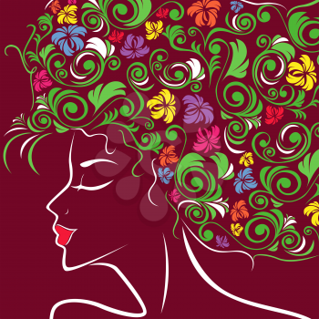 Beautiful women head profile with colourful floral hair over claret, hand drawing vector illustration