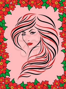 Beautiful stylish young woman into the floral frame with red flowers, vector illustration
