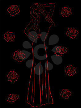 Stylish red contour of a woman in a long gown among roses isolated on a black background, vector illustration