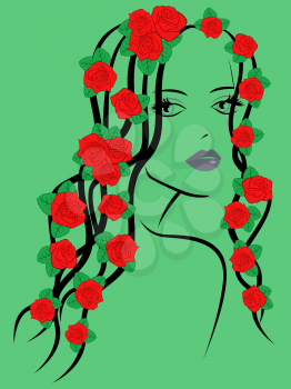 Beautiful fashionable young girl portrait with red roses on hair over green, sketching vector illustration