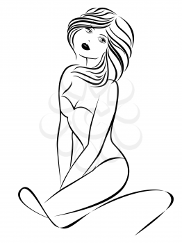 Beautiful stylish woman in a bathing suit in abstract wave, sketching vector illustration