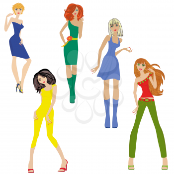 Set of five slim fashionable women isolated over white, hand drawing vector illustration