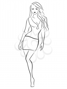 Beautiful graceful girl in a short skirt, black over white hand drawing vector artwork