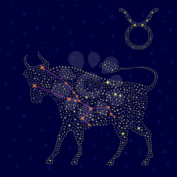 Zodiac sign Taurus on a background of the starry sky with the scheme of stars in the constellation, vector illustration